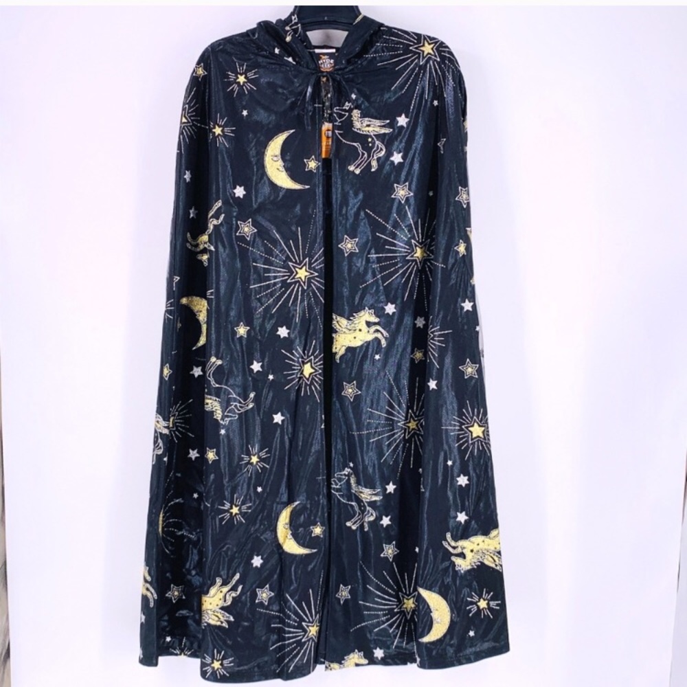 Black cape with glitter stars, moons, and horses